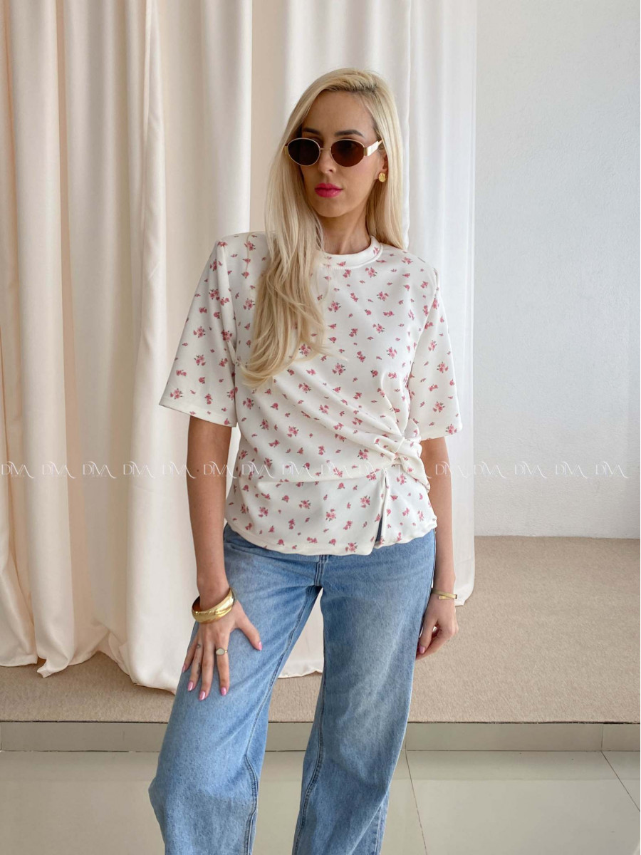 Kvetinkové tričko s uzlom biele AB 71