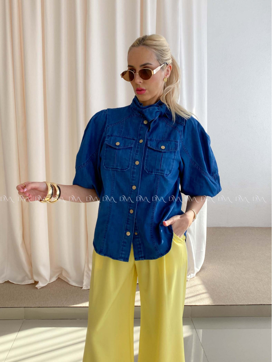 Riflová košeľa s balónovými rukávmi atramentovo modrá AB 93