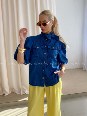 Riflová košeľa s balónovými rukávmi atramentovo modrá AB 93