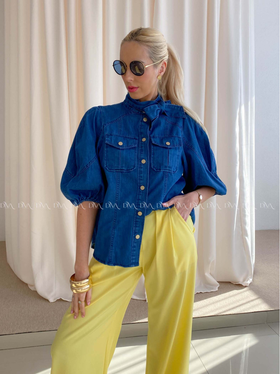 Riflová košeľa s balónovými rukávmi atramentovo modrá AB 93