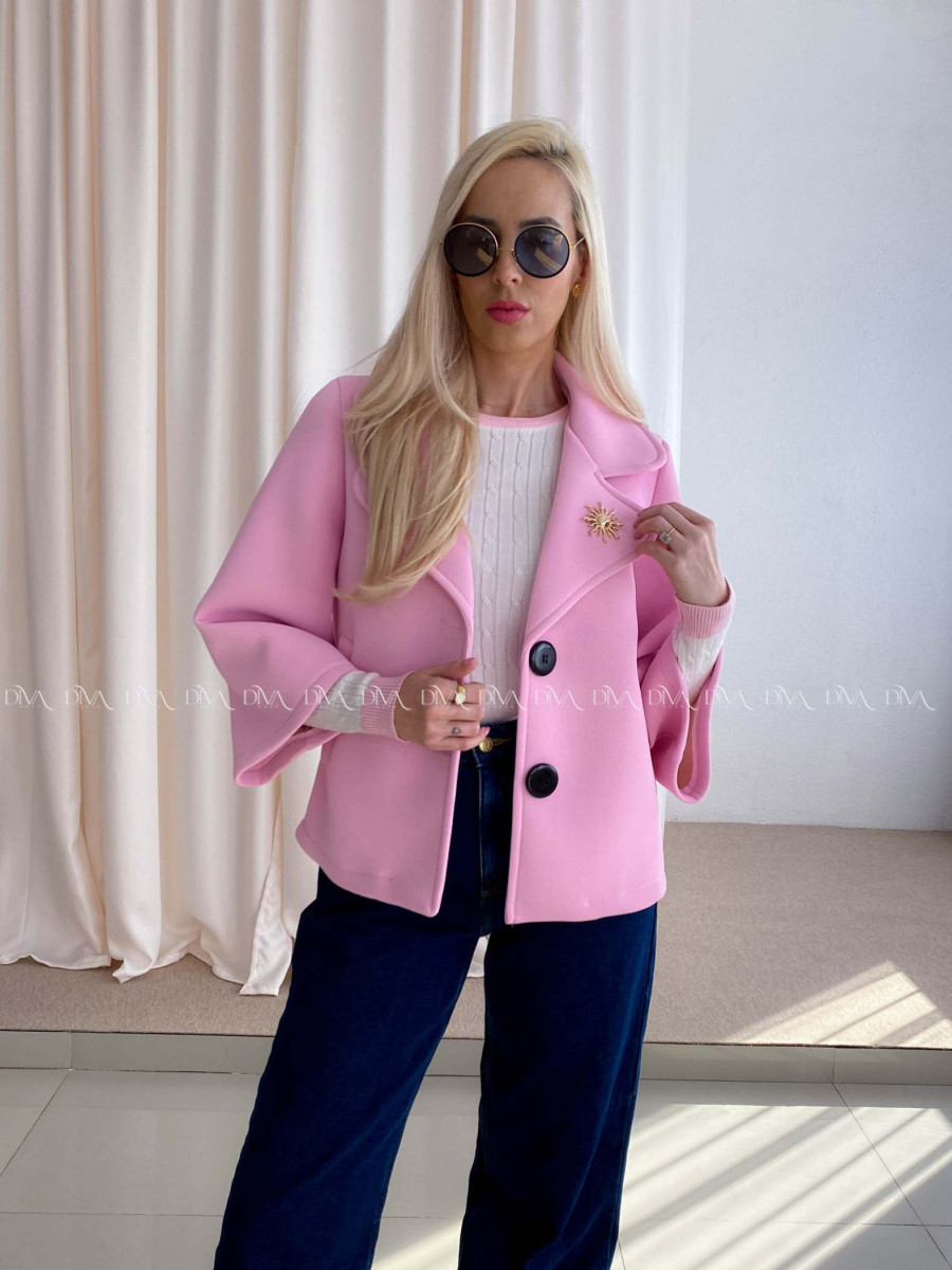 Krátky prechodný kabát s brošňou ružový AB 12