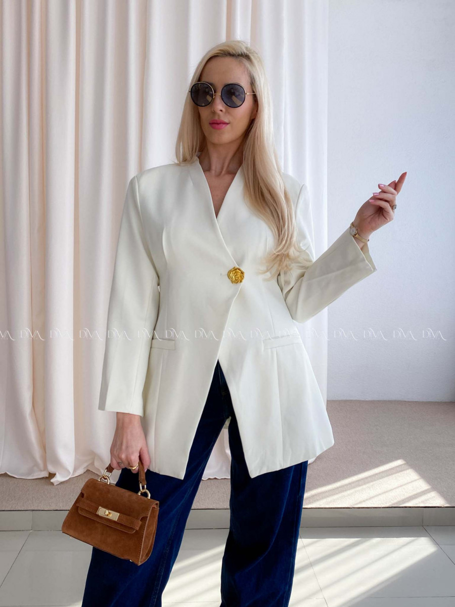 Elegantné predĺžené sako so zdobeným gombíkom rose biele AB 90