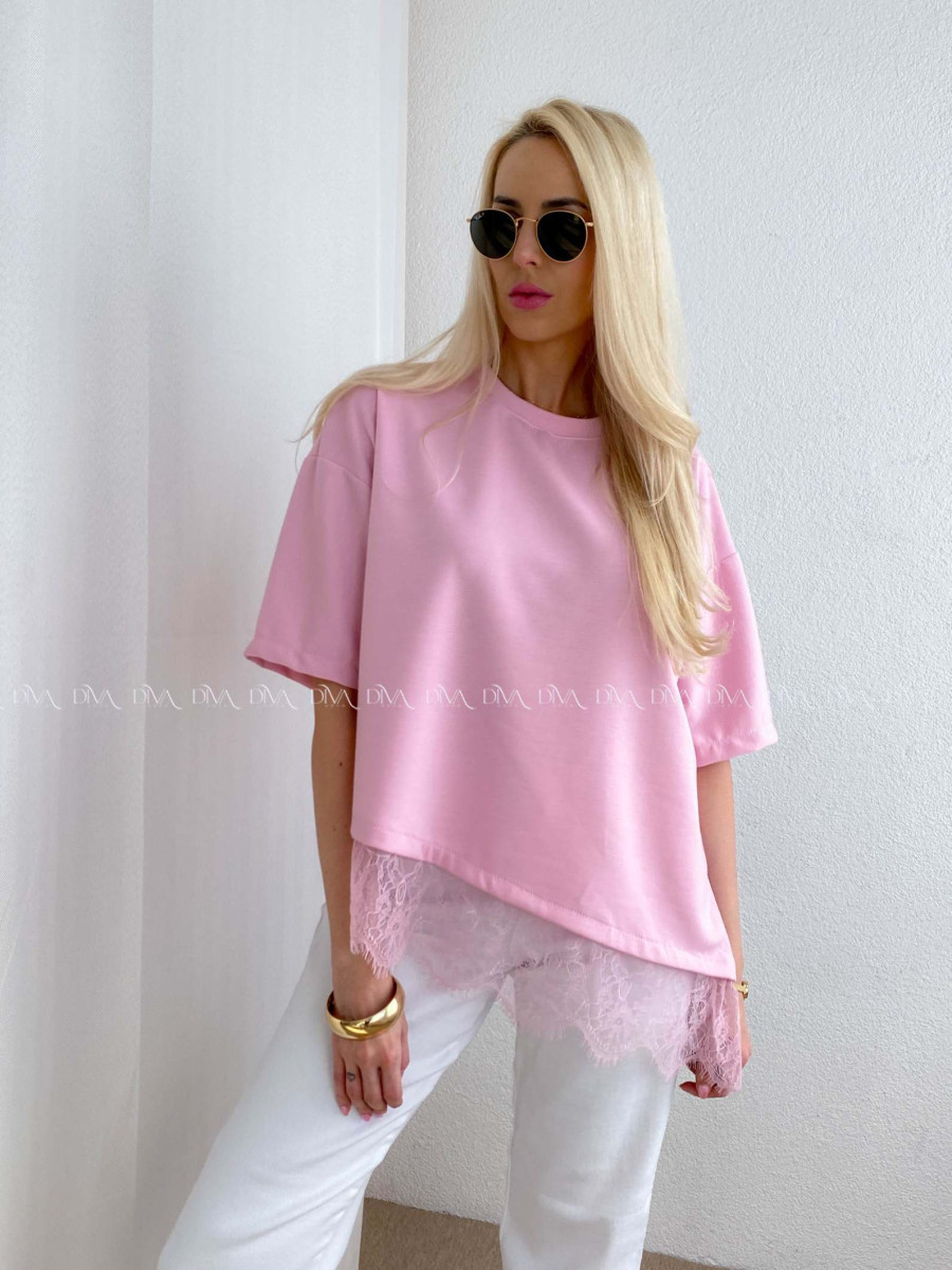 Asymetrické tričko s krajkou ružové AB 66