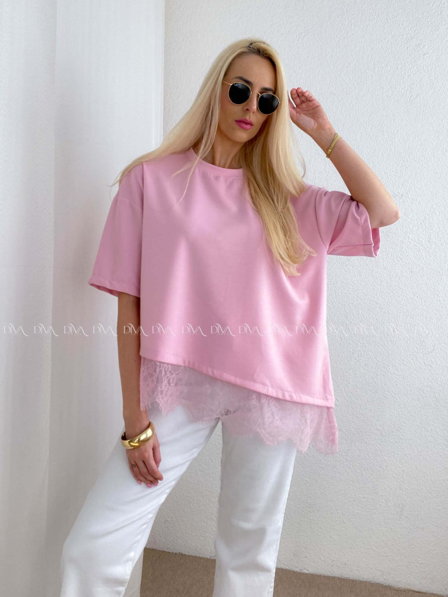 Asymetrické tričko s krajkou ružové AB 66