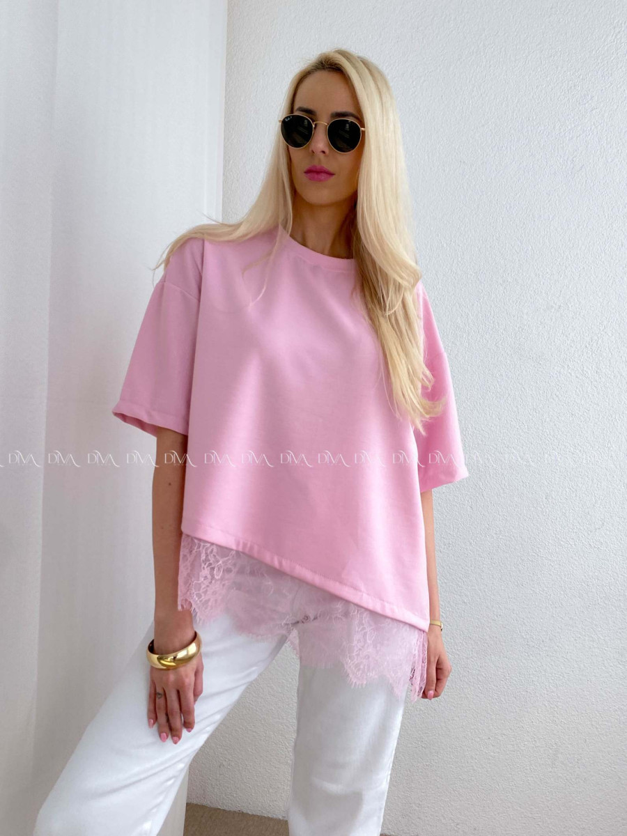 Asymetrické tričko s krajkou ružové AB 66