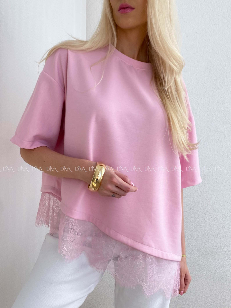 Asymetrické tričko s krajkou ružové AB 66