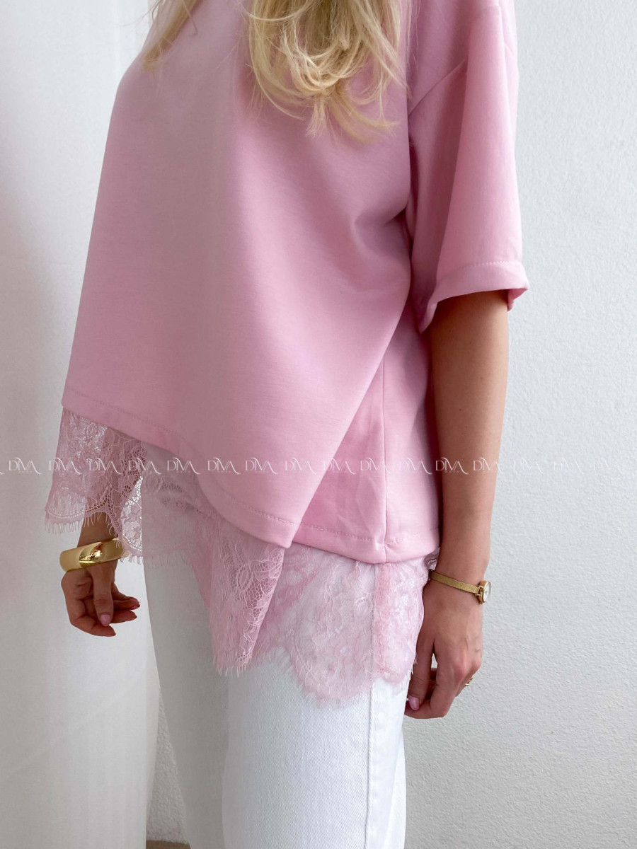 Asymetrické tričko s krajkou ružové AB 66