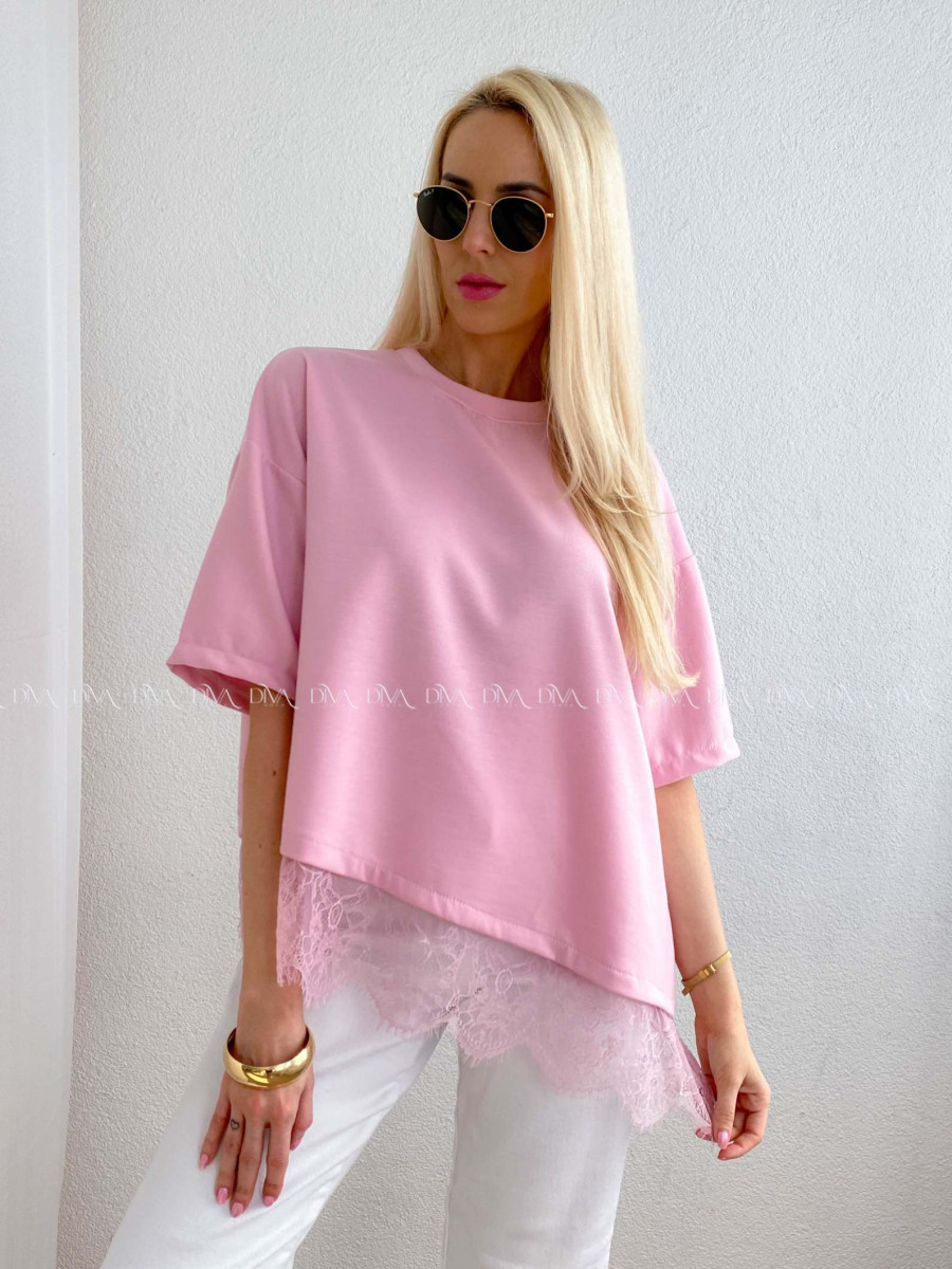 Asymetrické tričko s krajkou ružové AB 66