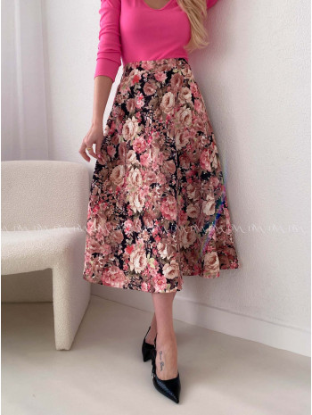 Midi kvetovaná A- sukňa čierno - ružová AB 106