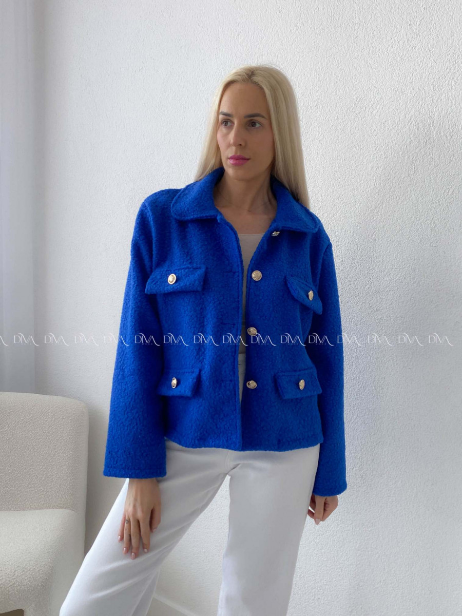 Bouclé bunda do pása kráľovská modrá AB 60