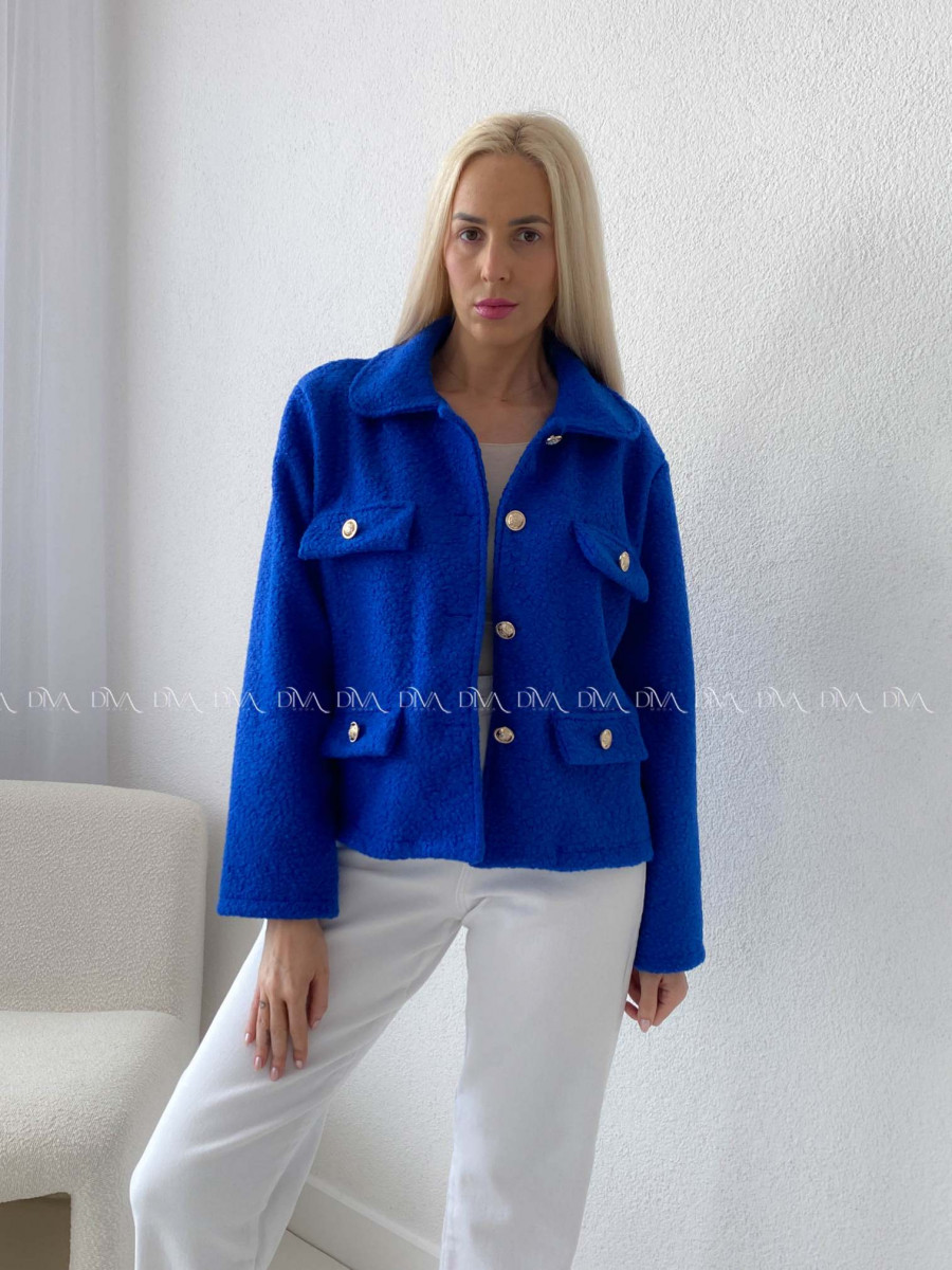 Bouclé bunda do pása kráľovská modrá AB 60