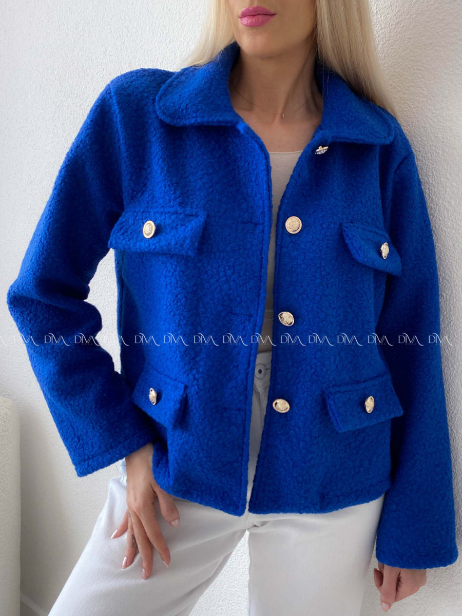 Bouclé bunda do pása kráľovská modrá AB 60