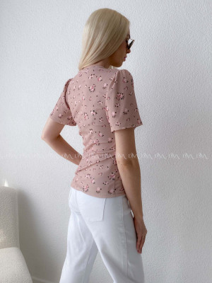 Rebrovaný top s puf rukávmi kvetinkový béžový AB 109