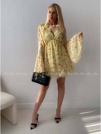 Ľahké kvetinkové šaty s krajkou a zvonovými rukávmi žlté AB 230