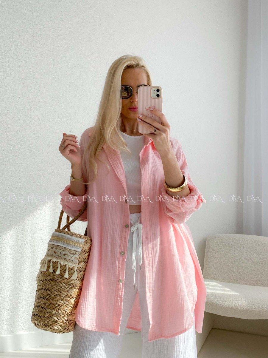 Predĺžená Mušelínová oversize košeľa ružová AB 313