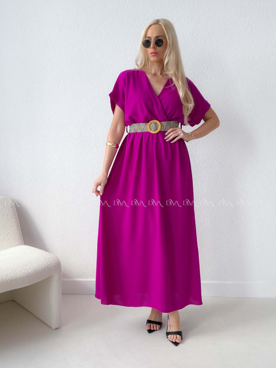 Maxi šaty s prepletaným opaskom magenta AB 369
