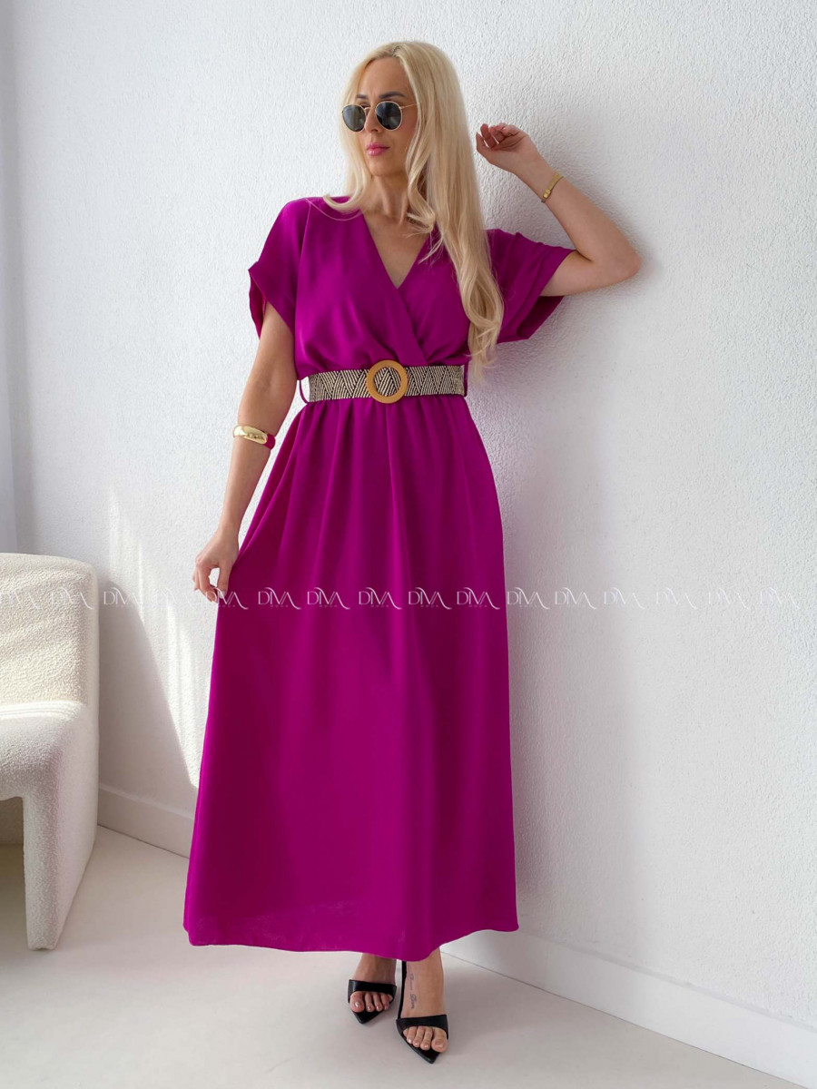 Maxi šaty s prepletaným opaskom magenta AB 369