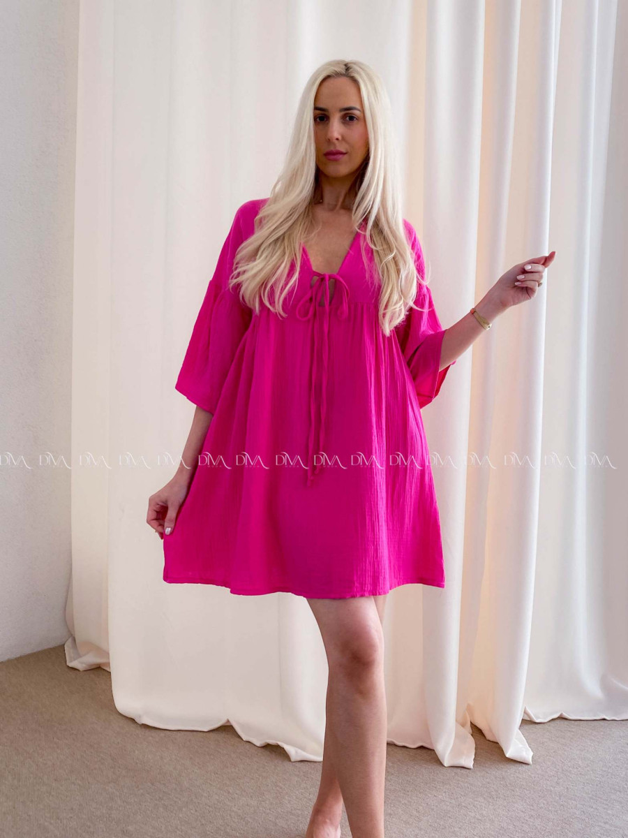 Mušelínové krátke šaty s viazaním fuchsia AB 400