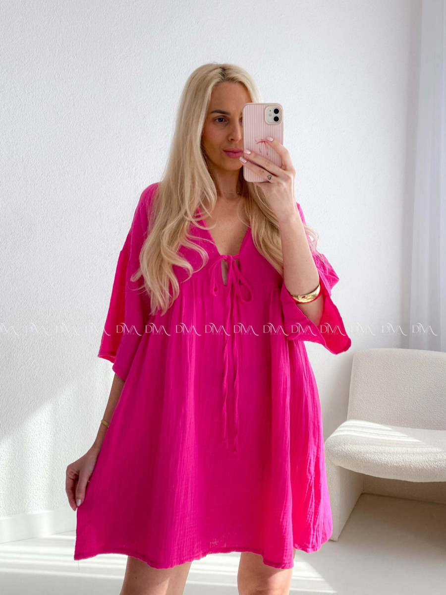 Mušelínové krátke šaty s viazaním fuchsia AB 400