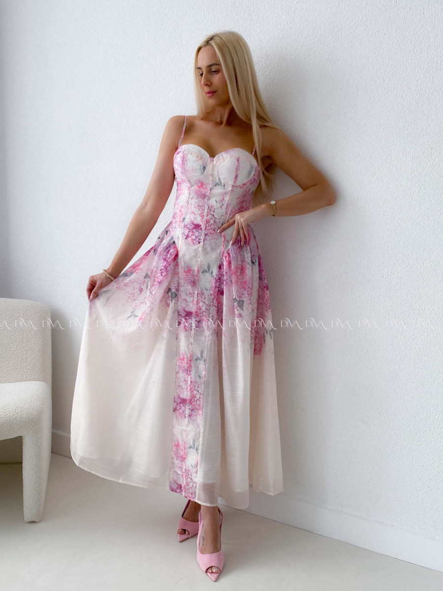 Elegantné ľahké midi šaty na ramienka Flora AB 129