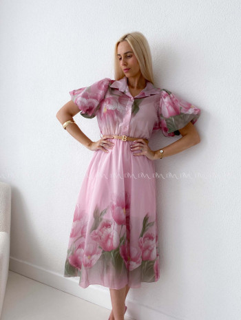 Ľahučké spoločenské šaty s puf rukávmi tulip ružové AB 98