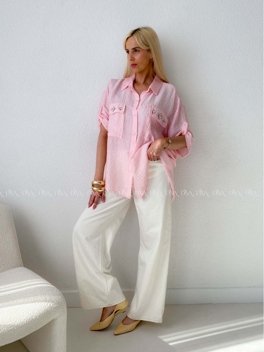 Ľahká krepová košeľa s kamienkami ružová AB 137