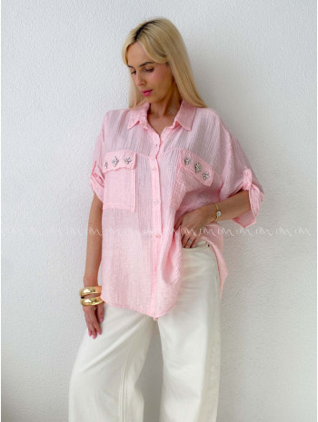 Lehká krepová košile s kamínky růžová AB 137