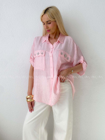 Ľahká krepová košeľa s kamienkami ružová AB 137