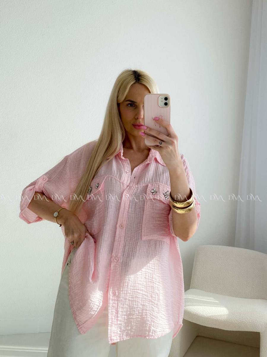 Ľahká krepová košeľa s kamienkami ružová AB 137