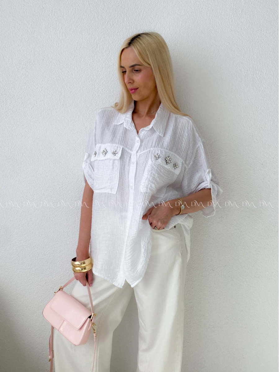 Lehká krepová košile s kamínky bílá AB 137