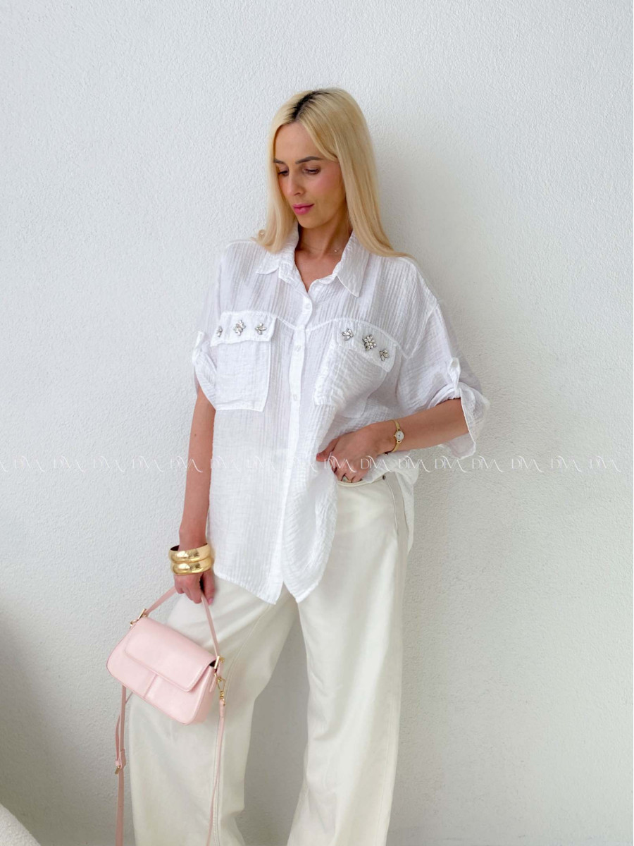 Lehká krepová košile s kamínky bílá AB 137