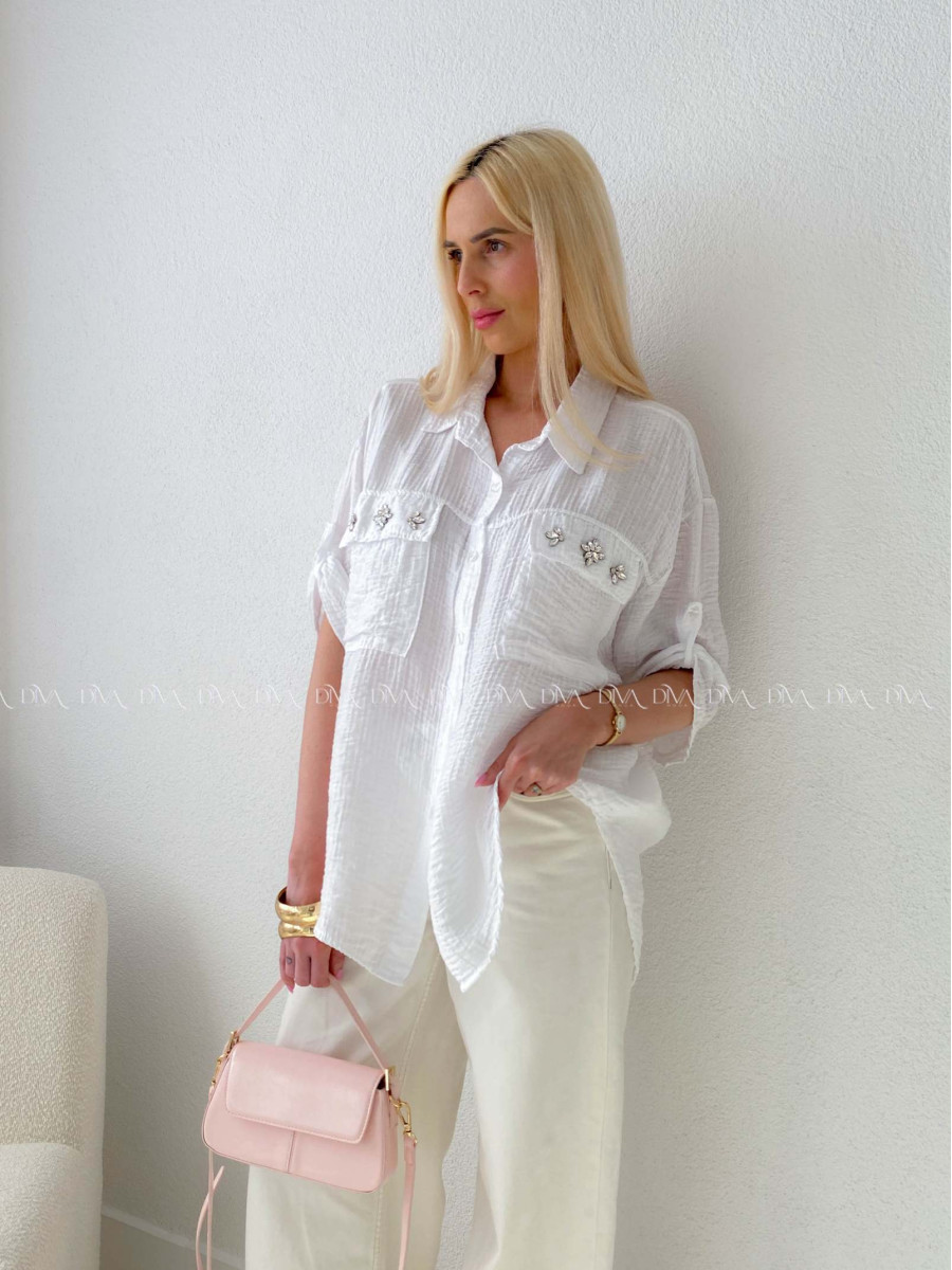 Lehká krepová košile s kamínky bílá AB 137