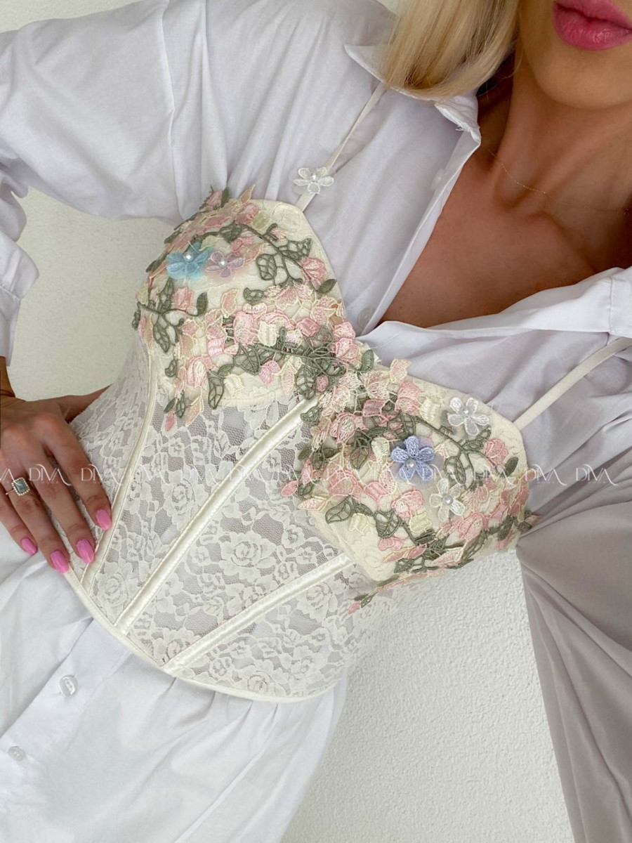 Krajkovaný korzet s kvetinkami maslový AB 139