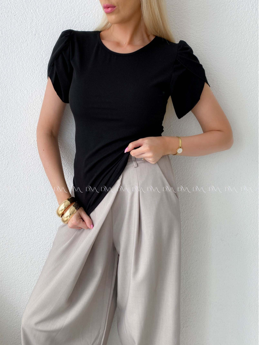 Rebrovaný top s tulipánovými rukávmi čierny AB 200