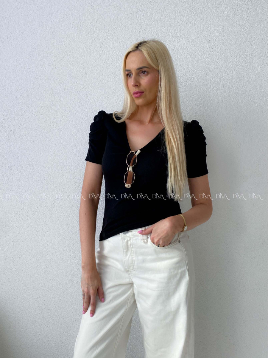 Rebrovaný top s riasenými rukávmi čierny Mirau AB 204