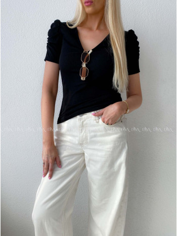 Rebrovaný top s riasenými rukávmi čierny Mirau AB 204