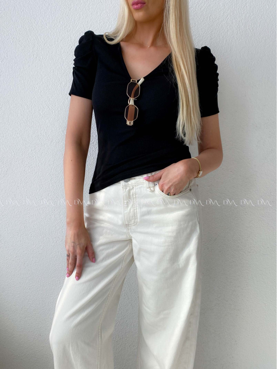 Rebrovaný top s riasenými rukávmi čierny Mirau AB 204