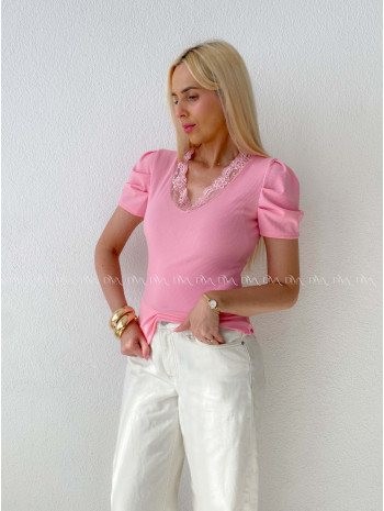Žebrovaný top s krajkovaným detailem růžový AB 202
