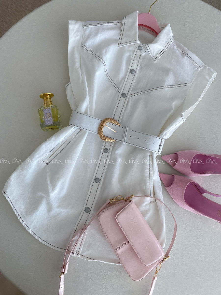Rifľové mini šaty s opaskom biele AB 134