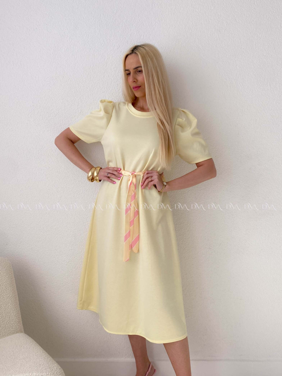 Hladké midi šaty s tulipánovými rukávy butter yellow AB 162
