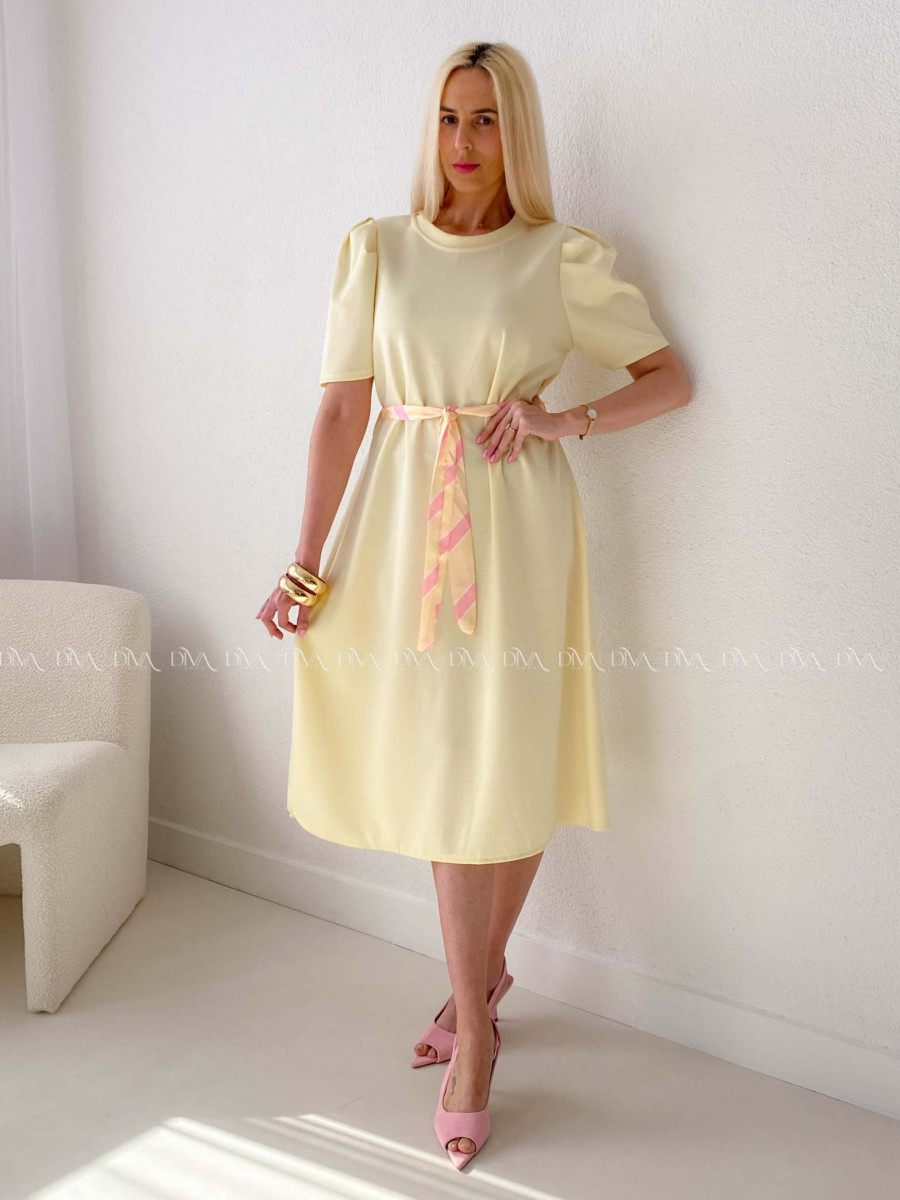 Hladké midi šaty s tulipánovými rukávy butter yellow AB 162