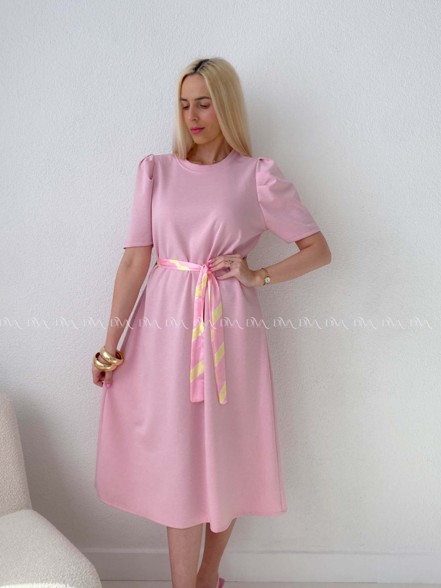 Hladké midi šaty s tulipánovými rukávmi ružové AB 162