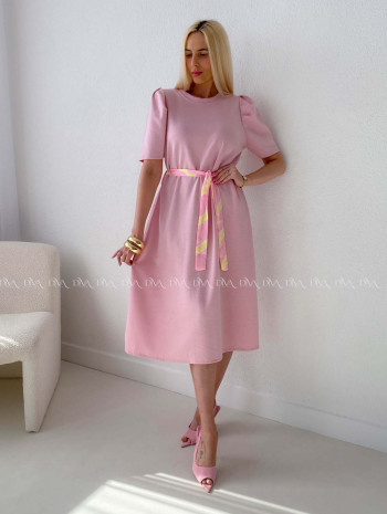 Hladké midi šaty s tulipánovými rukávmi ružové AB 162