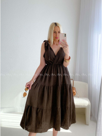 Mušelínové maxi šaty s vázáním na ramenou čokoládové AB 159