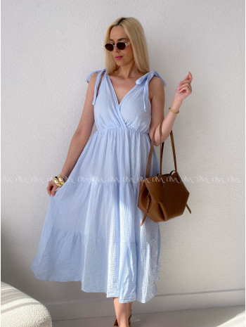 Mušelínové maxi šaty s vázáním na ramenou baby modré AB 159