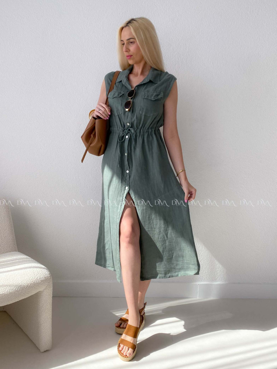 Ľanové midi šaty so sťahovaním v páse khaki AB 143