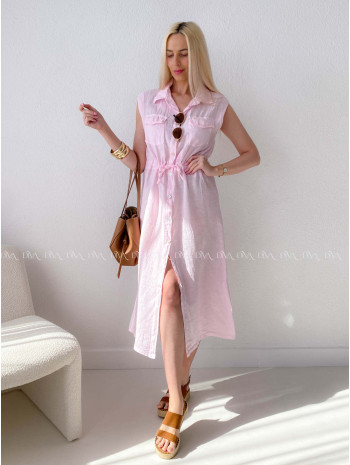 Ľanové midi šaty so sťahovaním v páse ružové AB 143