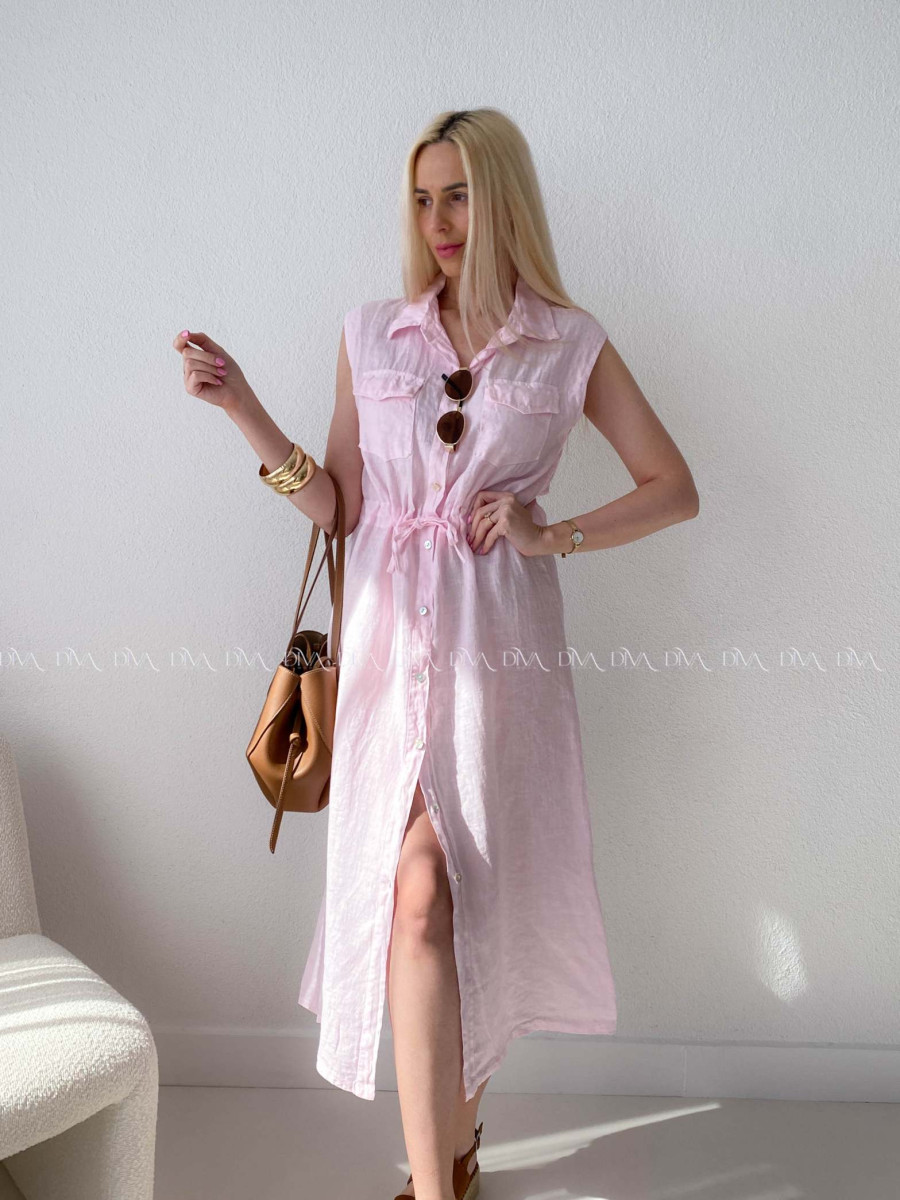 Ľanové midi šaty so sťahovaním v páse ružové AB 143