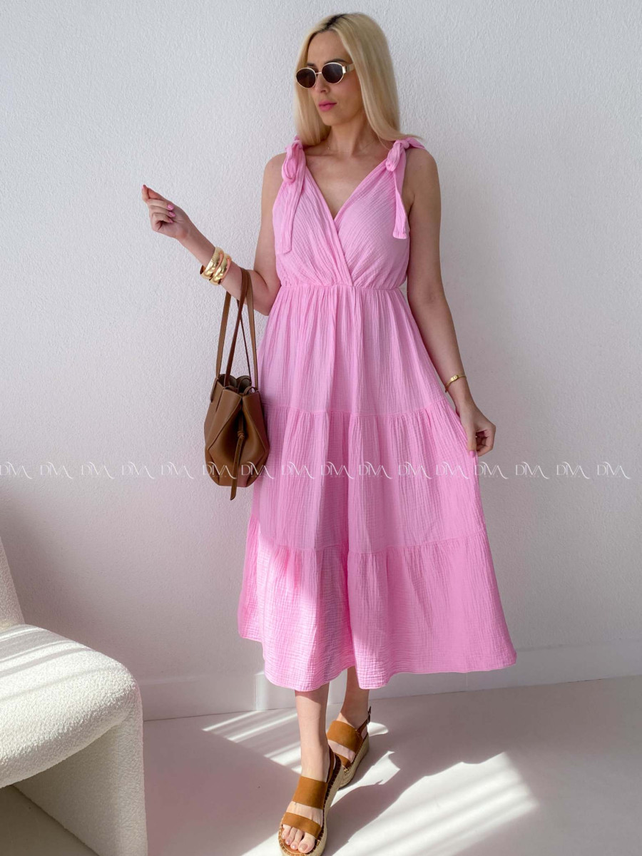 Mušelínové maxi šaty s viazaním na ramenách ružové AB 159