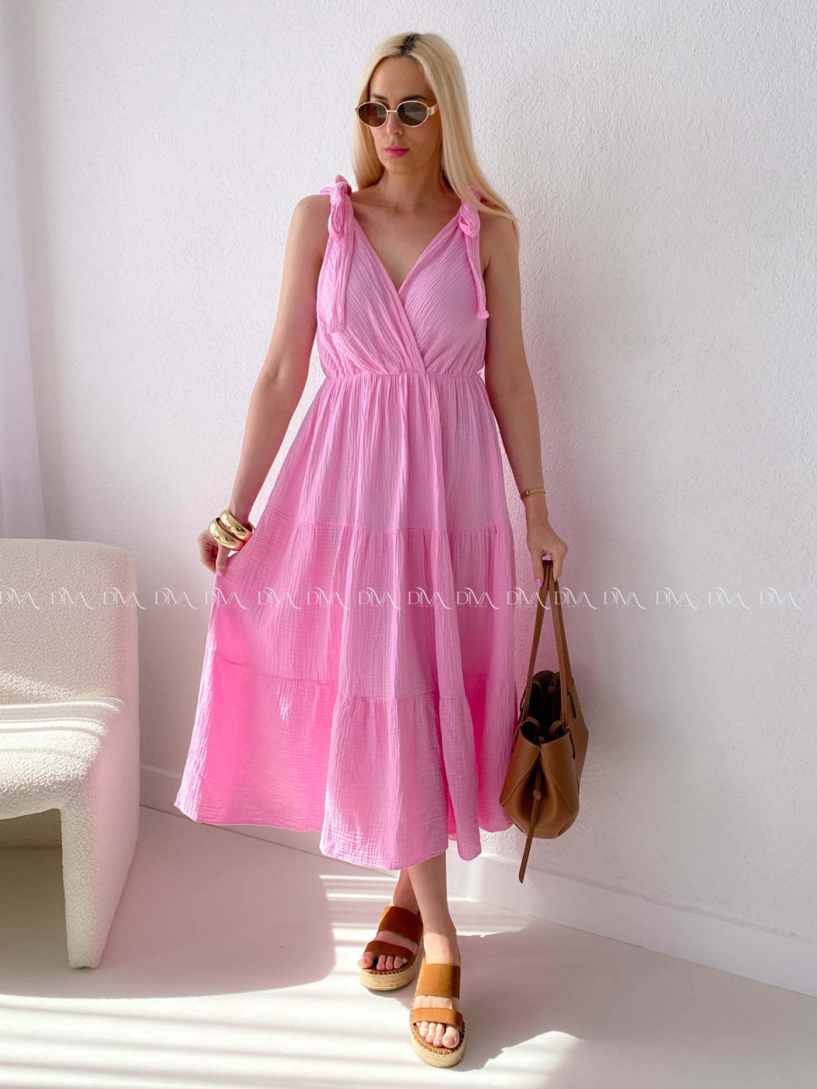 Mušelínové maxi šaty s viazaním na ramenách ružové AB 159